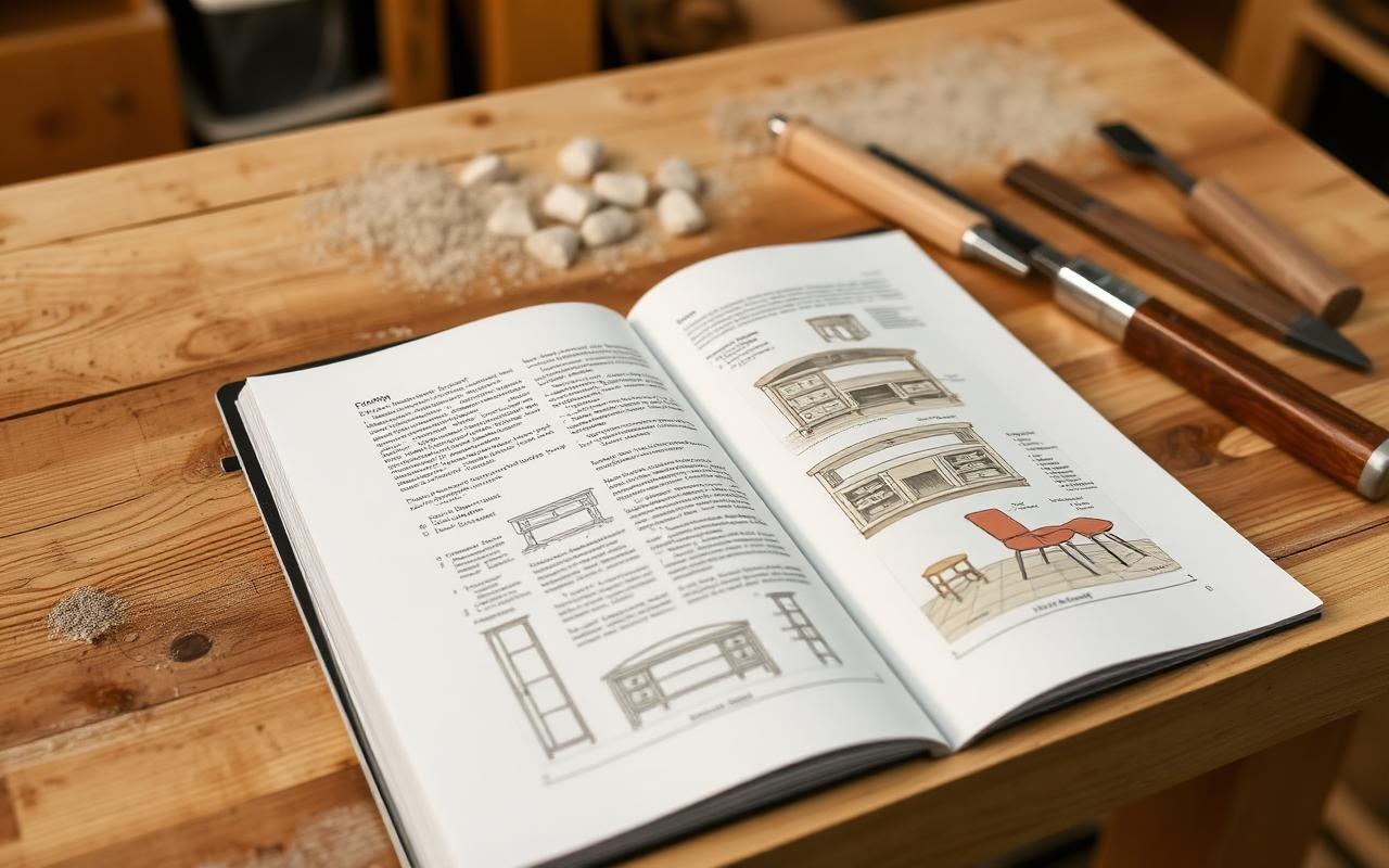 Tiny Apartment Woodworking Book PDF open on a workbench